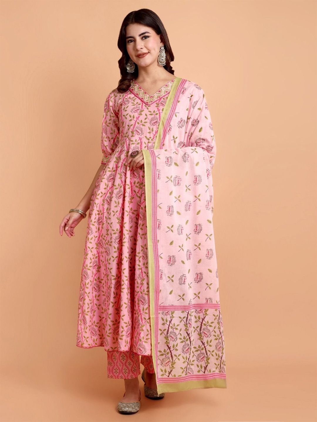 

Pahiya Women Printed Pure Cotton A-Line Kurta Trouser With Dupatta, Pink