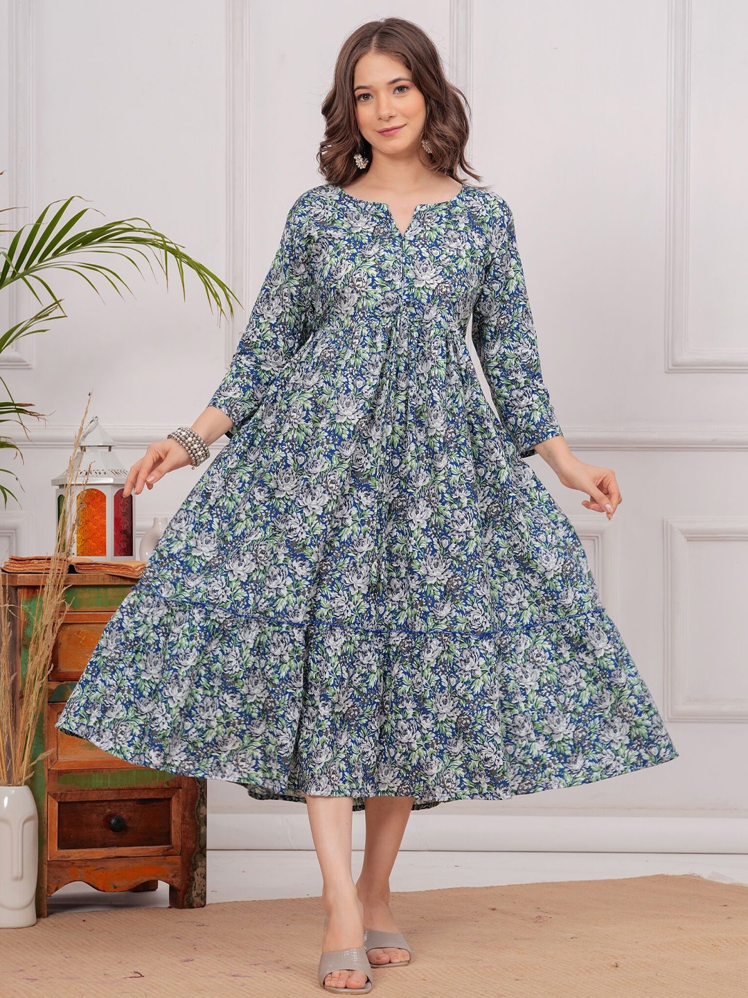 

SITA FASHION HUB Floral Print Cotton Fit & Flare Midi Dress, Blue