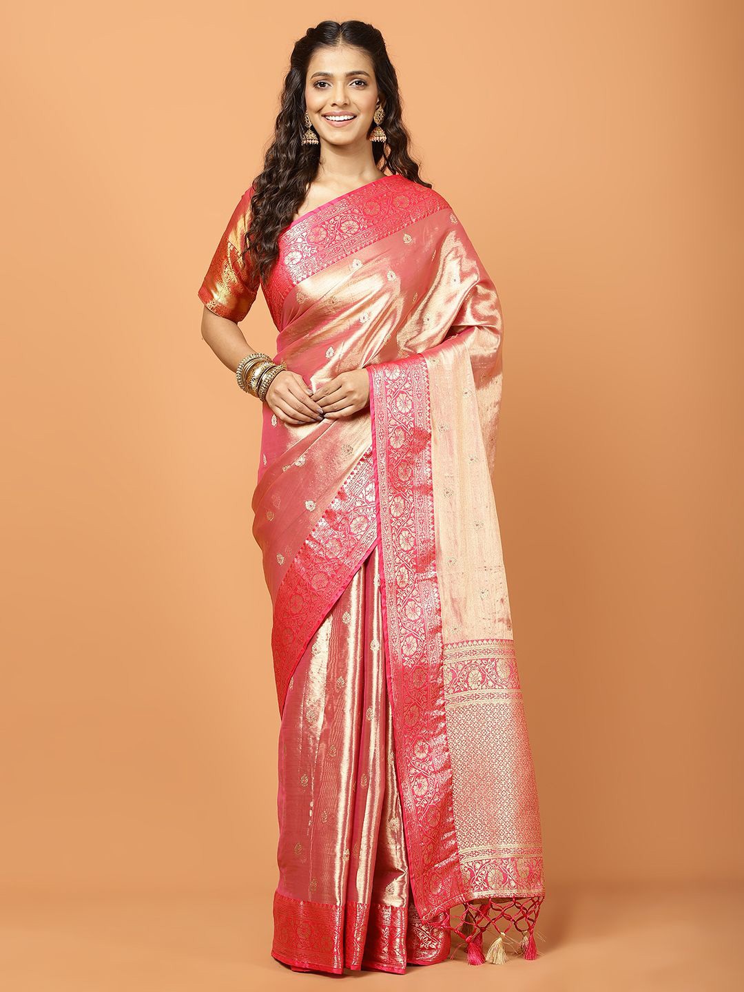 

Meena Bazaar Tissue Banarasi Saree, Pink