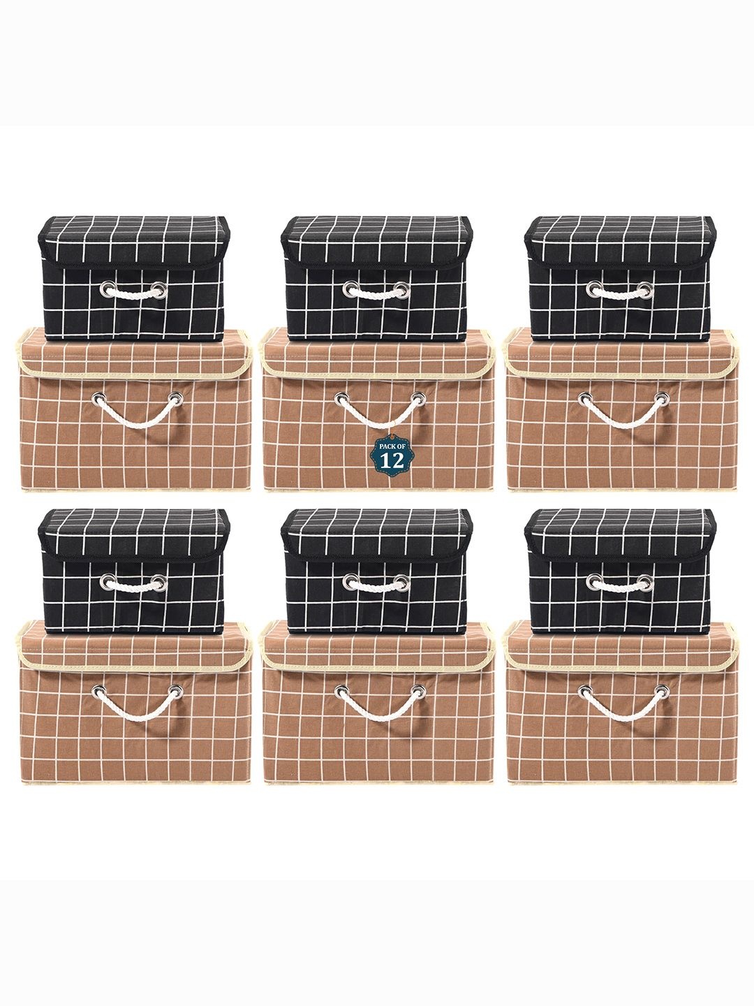 

Kuber Industries Brown Set of 12 Reusable Drawer Organiser Printed Storage Basket