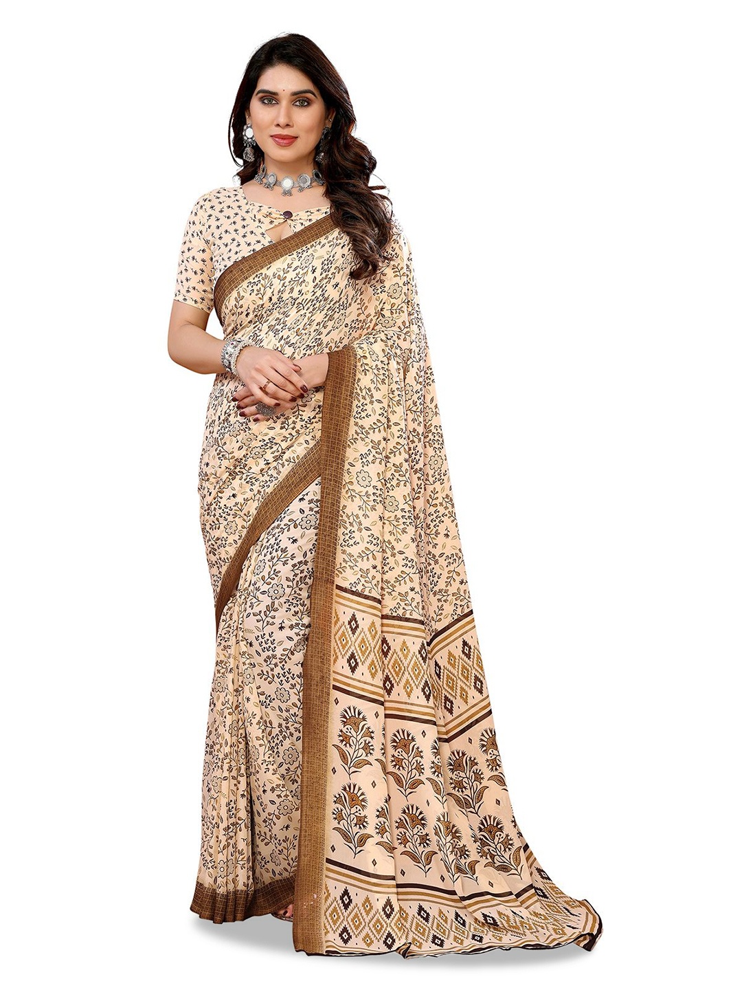 

Moda Rapido Women Floral Printed Saree, Cream
