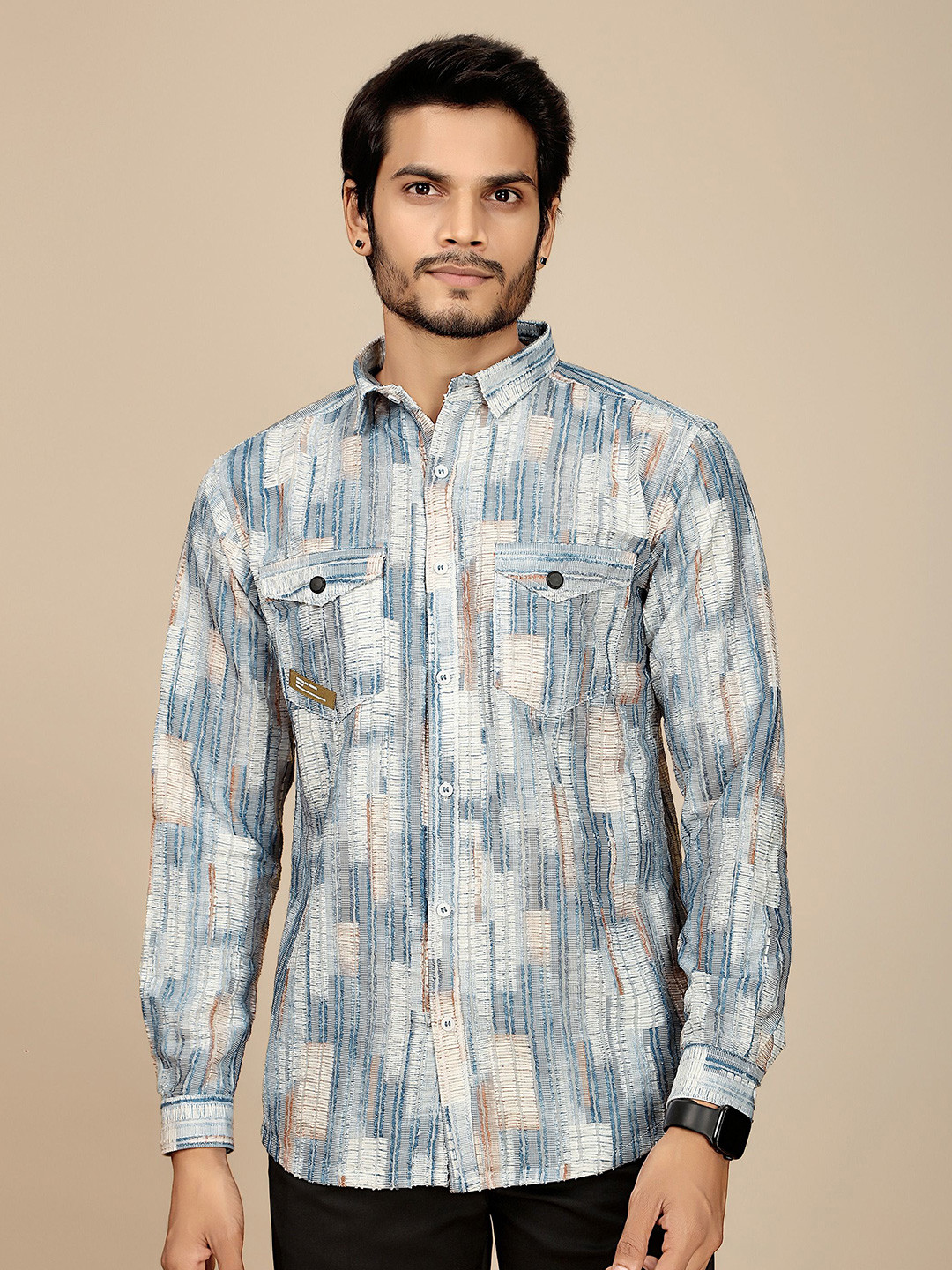 

JOSE N POSE Men Premium Tailored Fit Spread Collar Abstract Printed Cupro Casual Shirt, Blue
