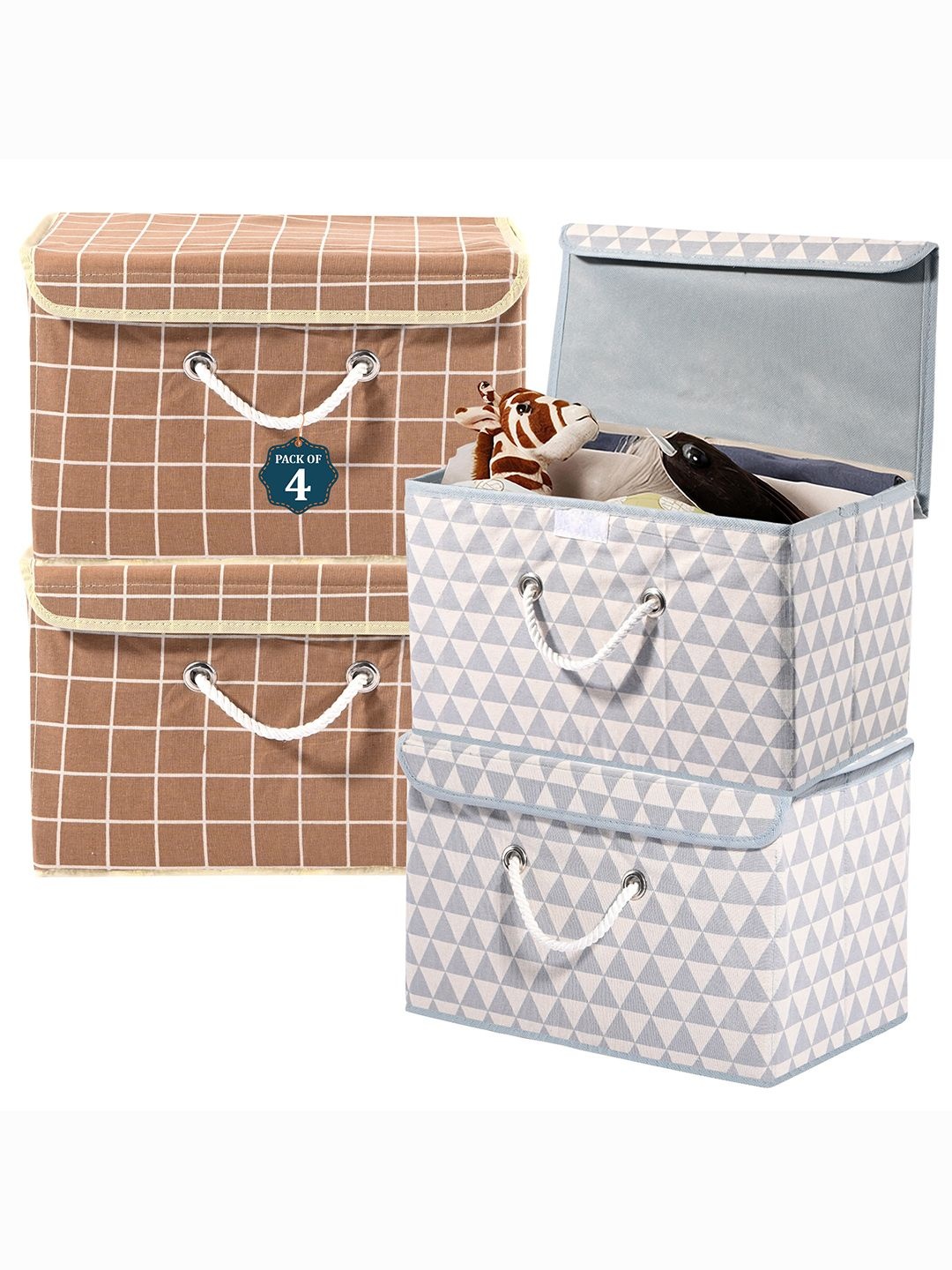 

Kuber Industries Brown & Grey 4 Pieces Printed Cotton Foldable Drawer Organisers