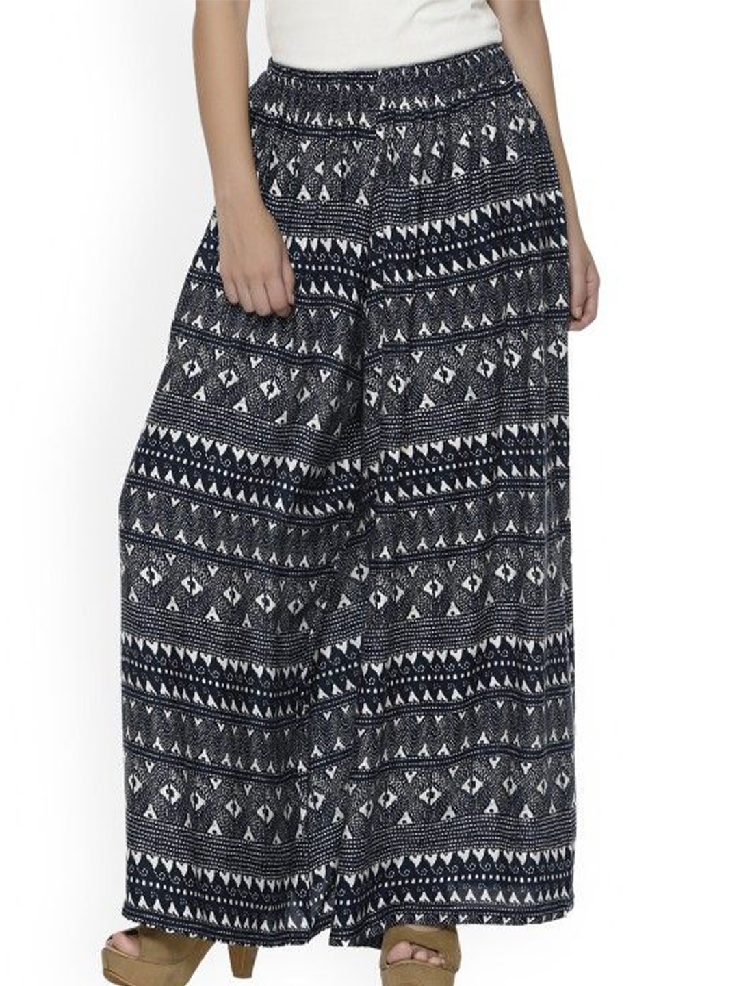 

shiloh Women Ethnic Motifs Printed Flared Palazzos, Navy blue