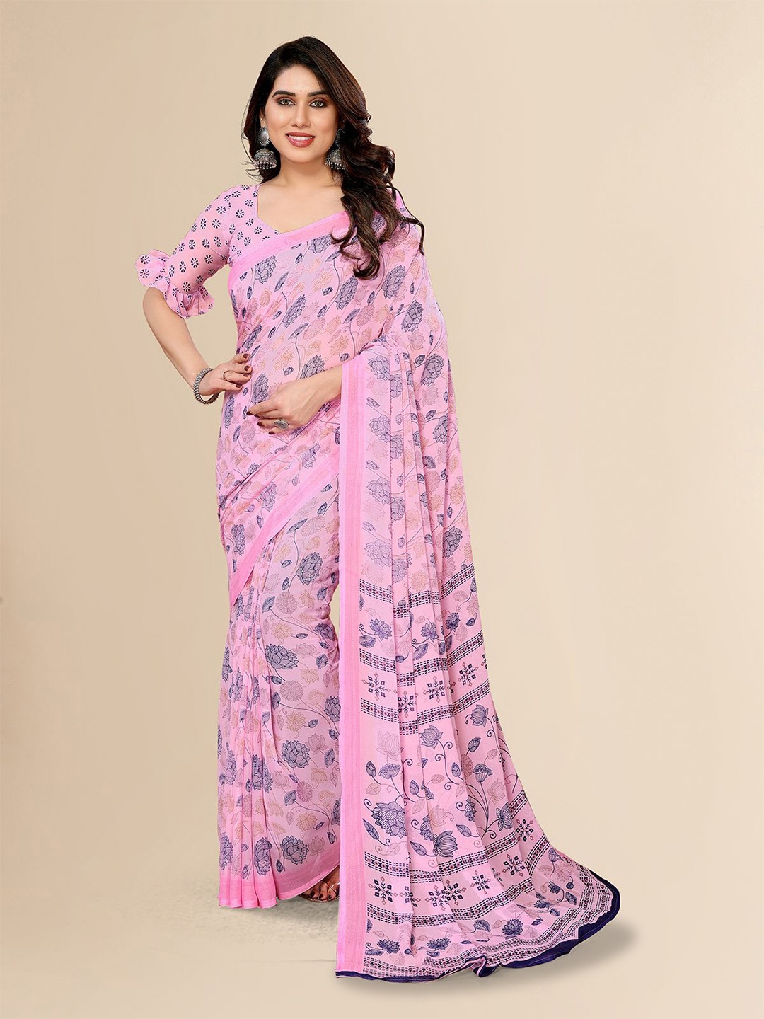 

Moda Rapido Floral Printed Saree, Pink