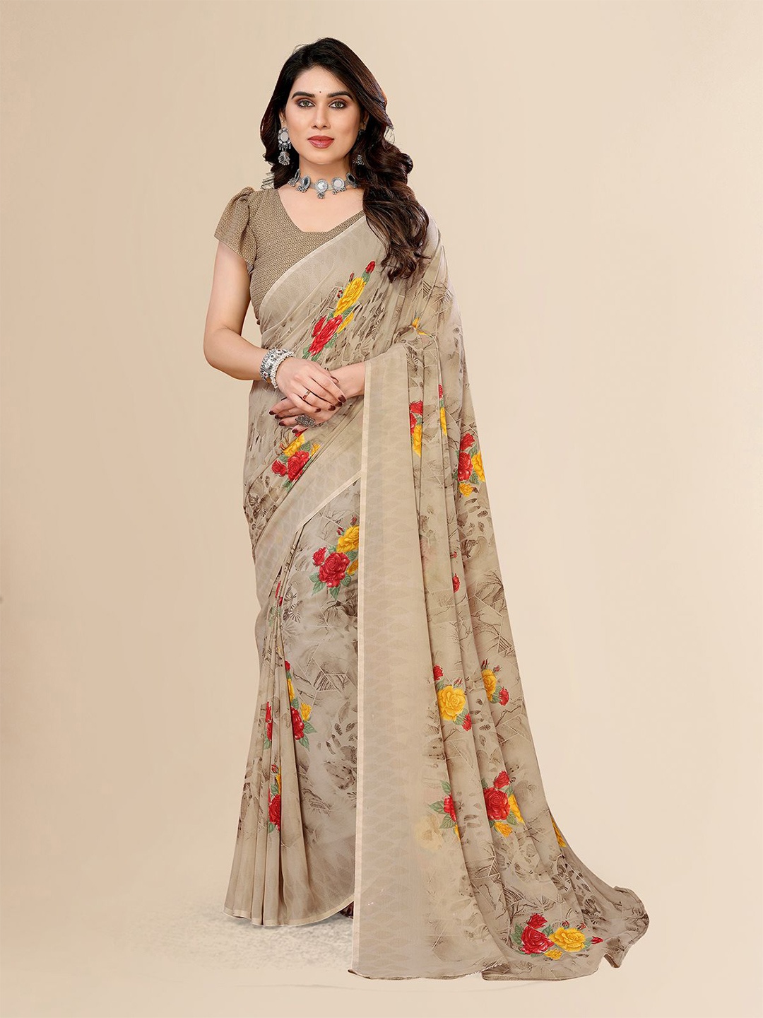 

Moda Rapido Floral Printed Saree, Beige