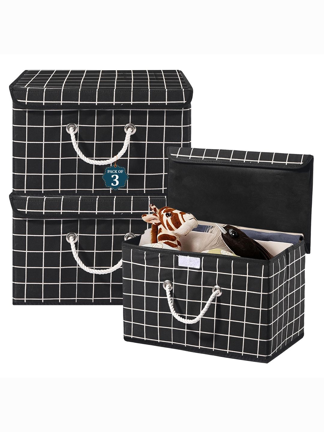 

Kuber Industries Black & White 3 Pieces Checked Cotton Foldable Drawer Organisers