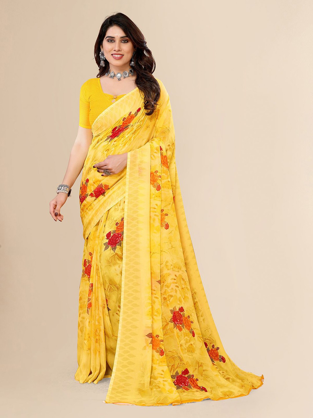 

Moda Rapido Floral Printed Saree With Blouse Piece, Yellow