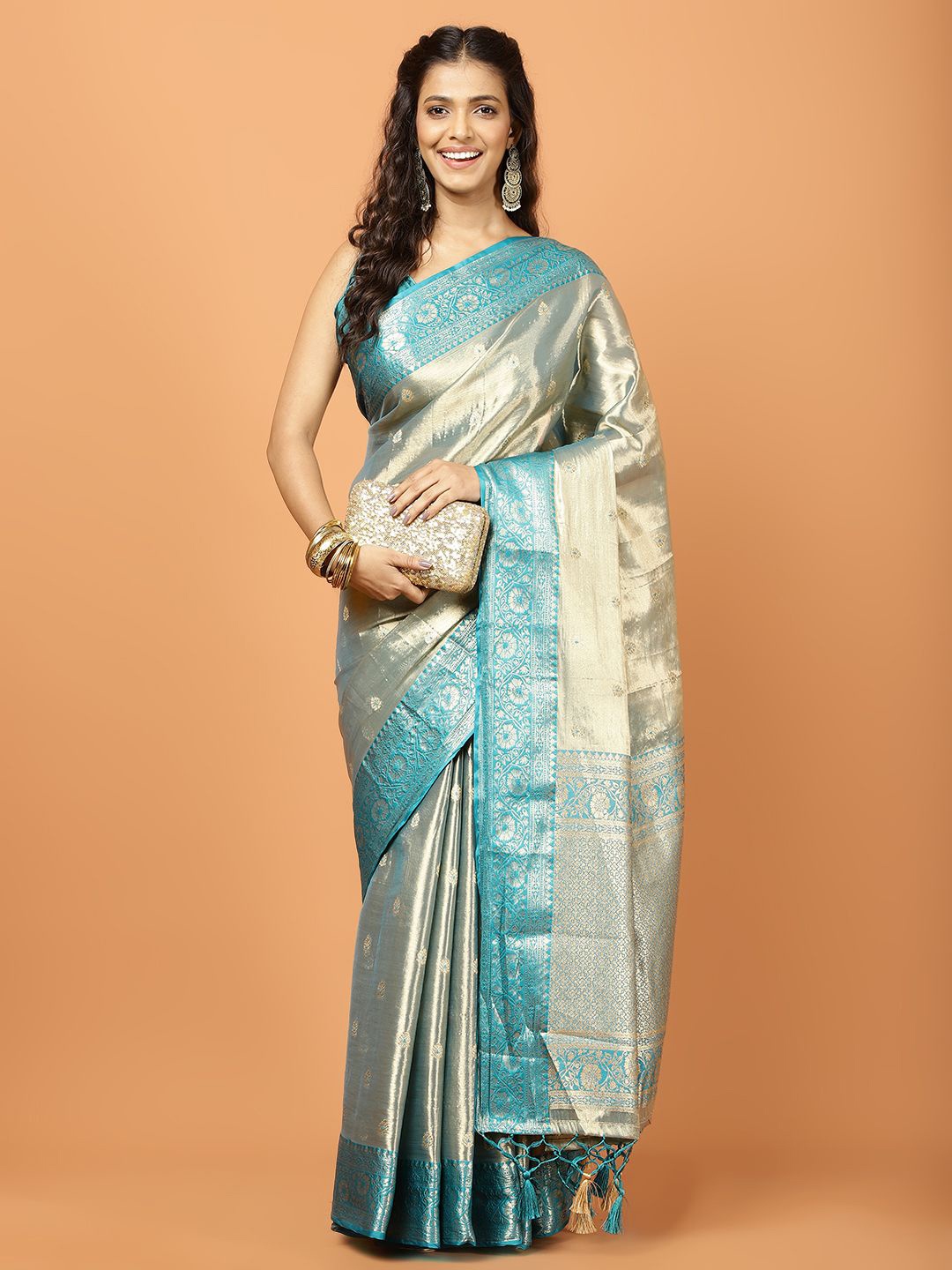 

Meena Bazaar Woven Design Zari Tissue Banarasi Saree, Blue