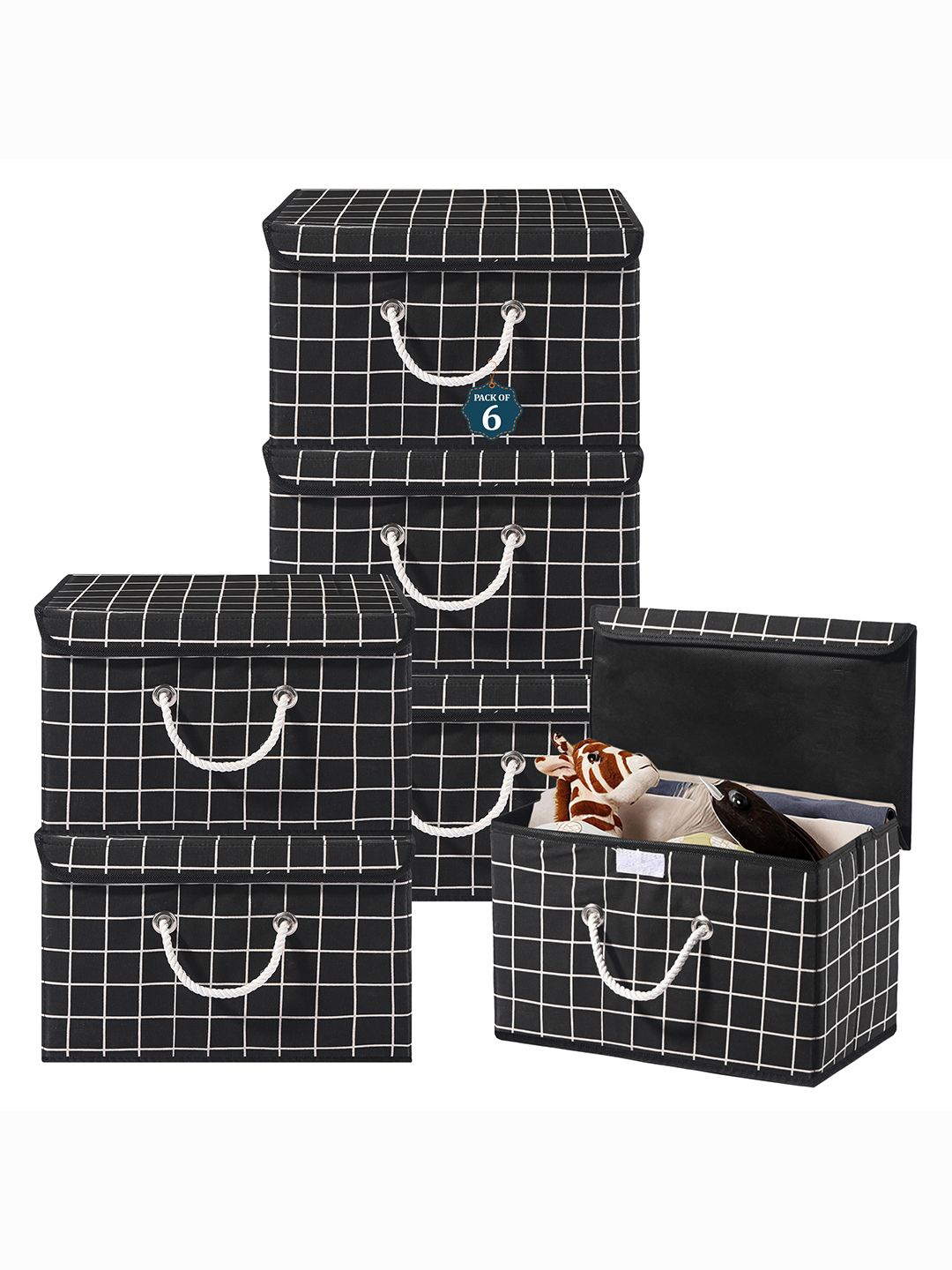 

Kuber Industries Black & White 6 Pieces Checked Cotton Multipurpose Drawer Organisers
