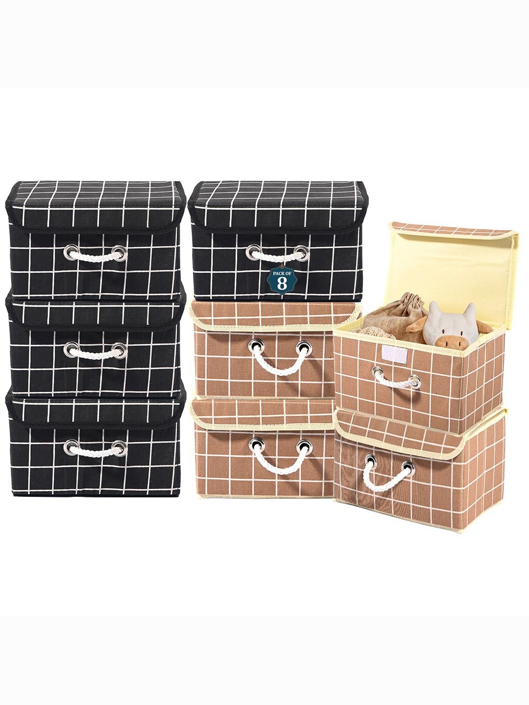 

Kuber Industries Brown Set of 8 Reusable Drawer Organiser Printed Storage Basket