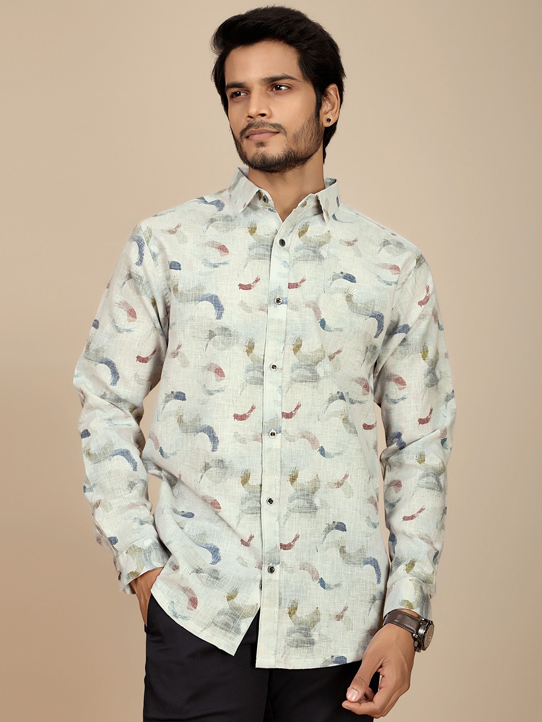 

JOSE N POSE Men Premium Tailored Fit Spread Collar Abstract Printed Casual Shirt, Off white