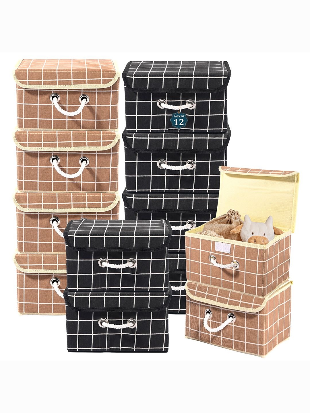 

Kuber Industries Brown Set of 12 Reusable Drawer Organiser Printed Storage Basket