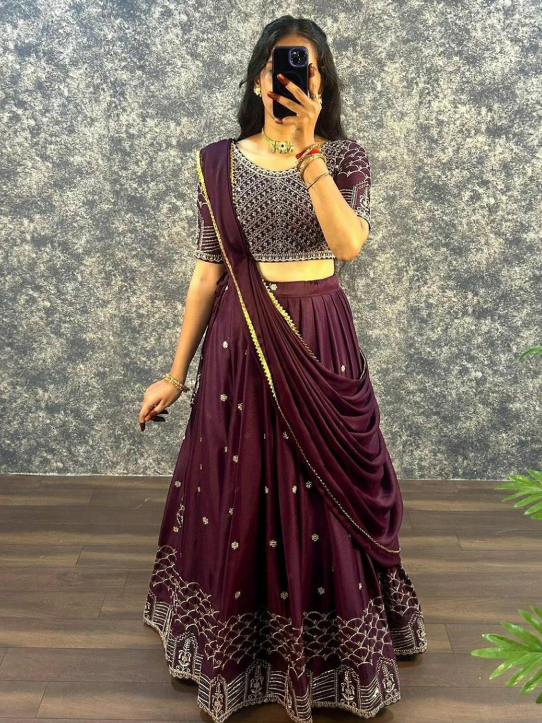 

Rujave Embroidered Sequinned Silk Georgette Ready to Wear Lehenga & Blouse With Dupatta, Purple