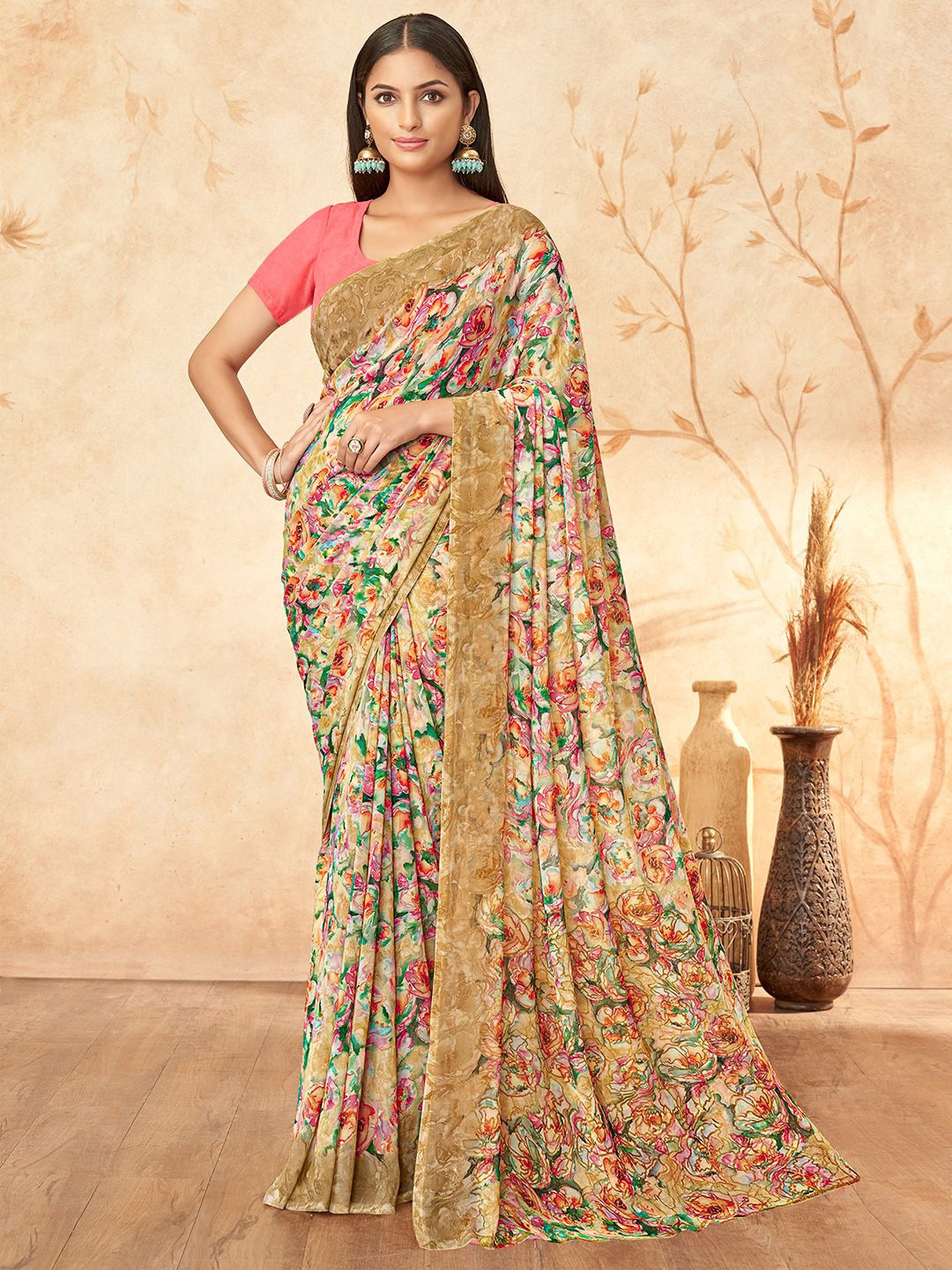 

Mitera Floral Printed Designer Saree With Unstitched Blouse Piece, Brown