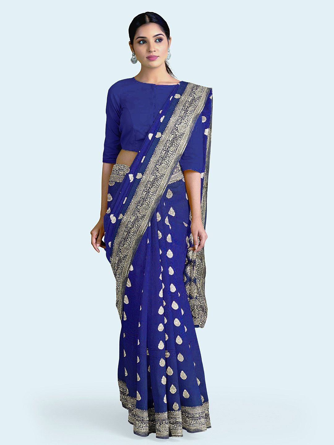 

Meena Bazaar Woven Design Saree With Blouse Piece, Navy blue