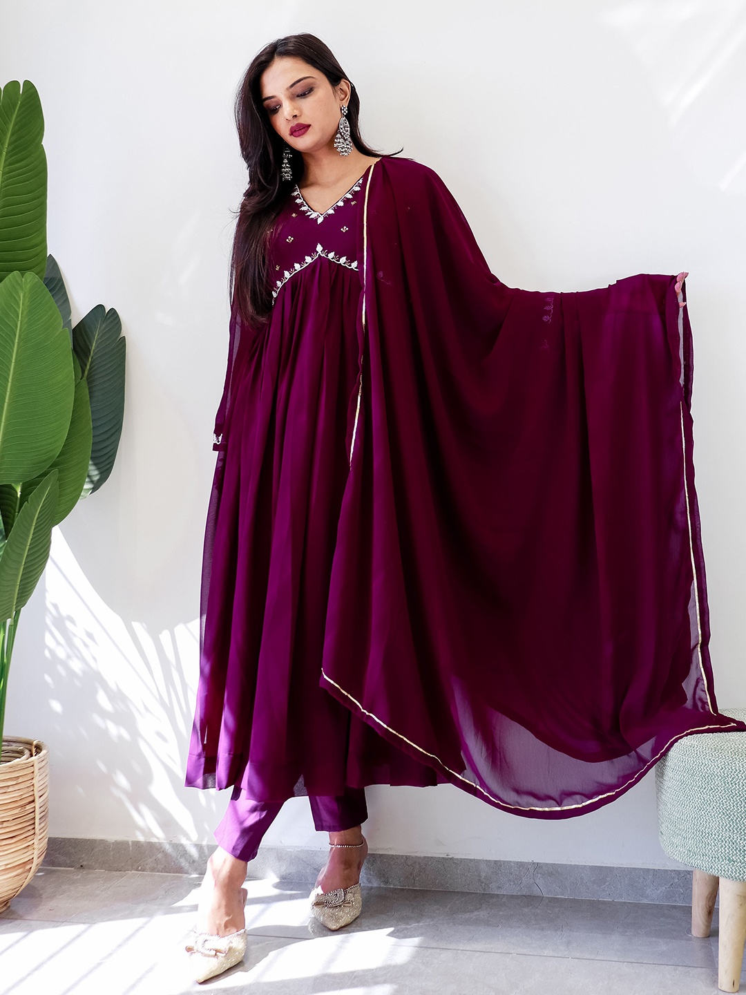 

MBL Women Embroidered Empire Kurta with Trousers & Dupatta, Mauve