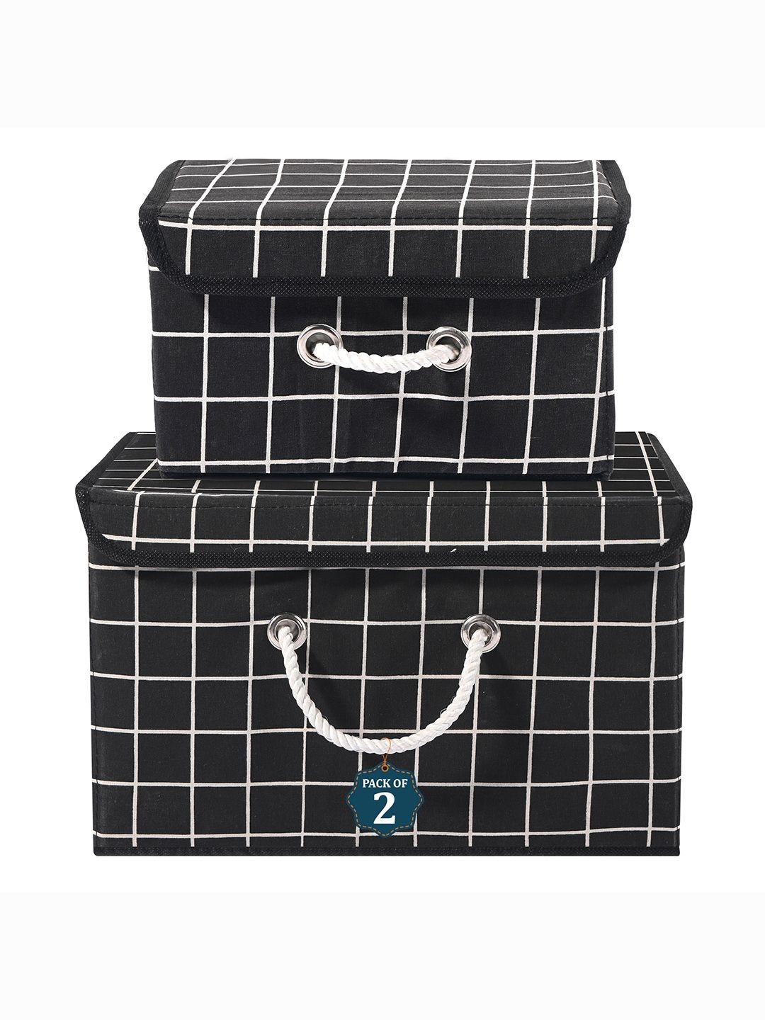 

Kuber Industries Black & White 2 Pieces Checked Cotton Foldable Drawer Organisers