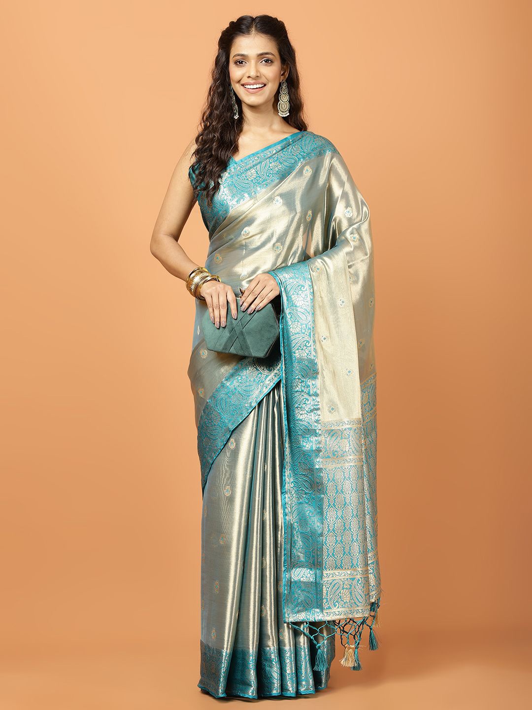 

Meena Bazaar Ethnic Motifs Woven Design Zari Tissue Banarasi Saree, Blue