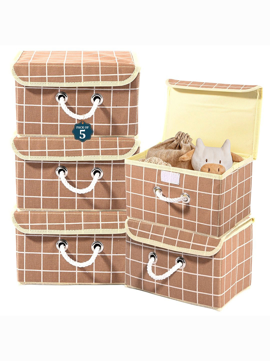 

Kuber Industries Brown & White 5 Pieces Checked Cotton Multipurpose Drawer Organisers