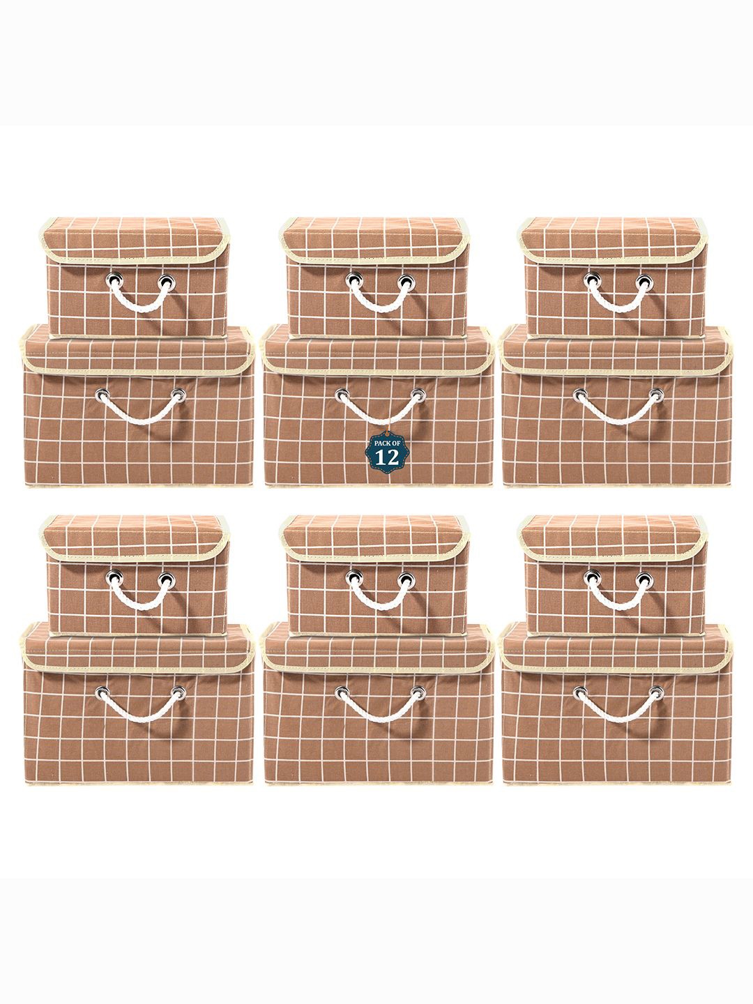 

Kuber Industries Brown Set of 12 Reusable Drawer Organiser Check Print Storage Basket