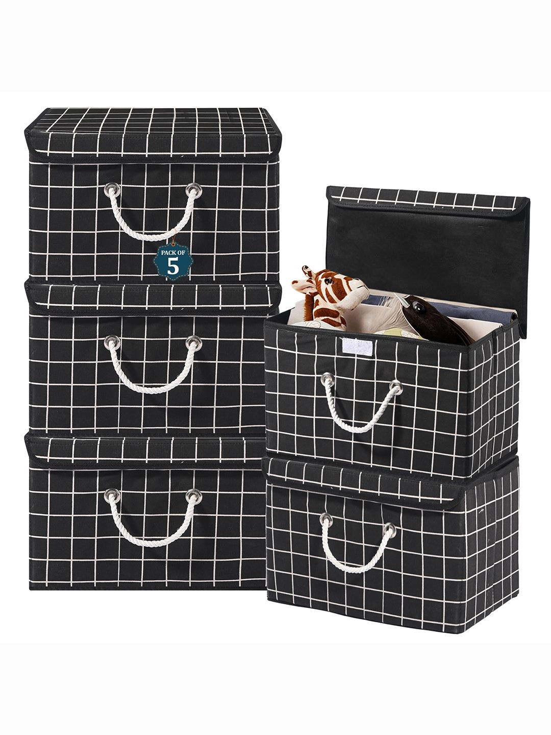 

Kuber Industries Black 5 Pieces Checked Cotton Reusable Drawer Organisers