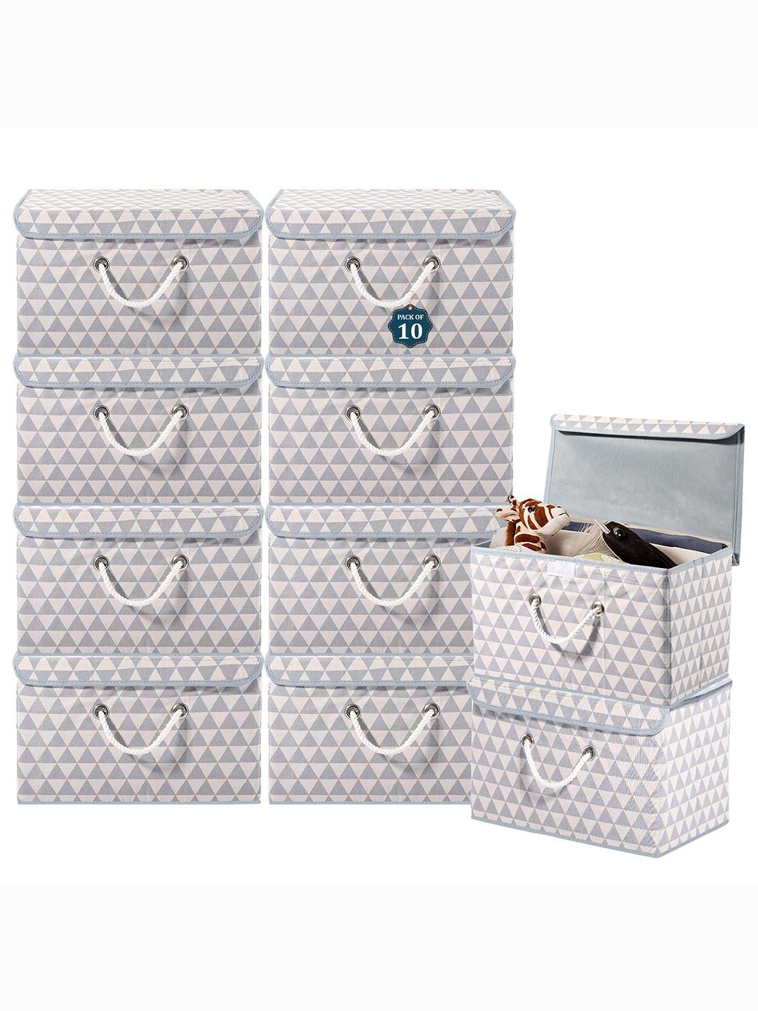 

Kuber Industries Grey Set of 10 Reusable Drawer Organiser Triangle Print Storage Basket