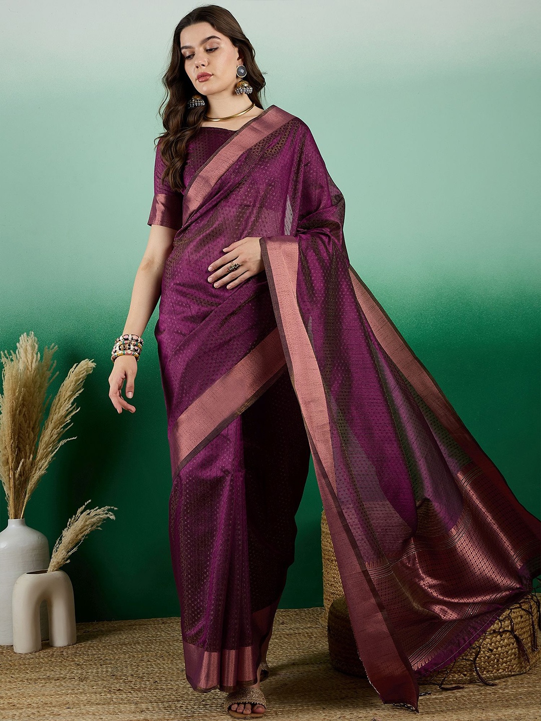 

Kalista Woven Design Zari Organza Saree, Burgundy