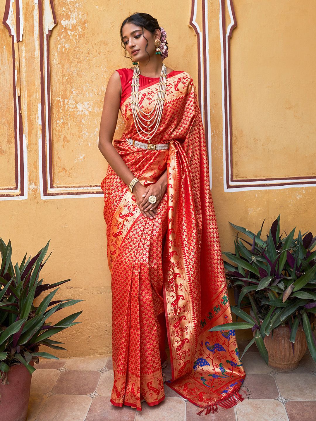 

KALINI Woven Design Zari Silk Blend Paithani Saree, Red