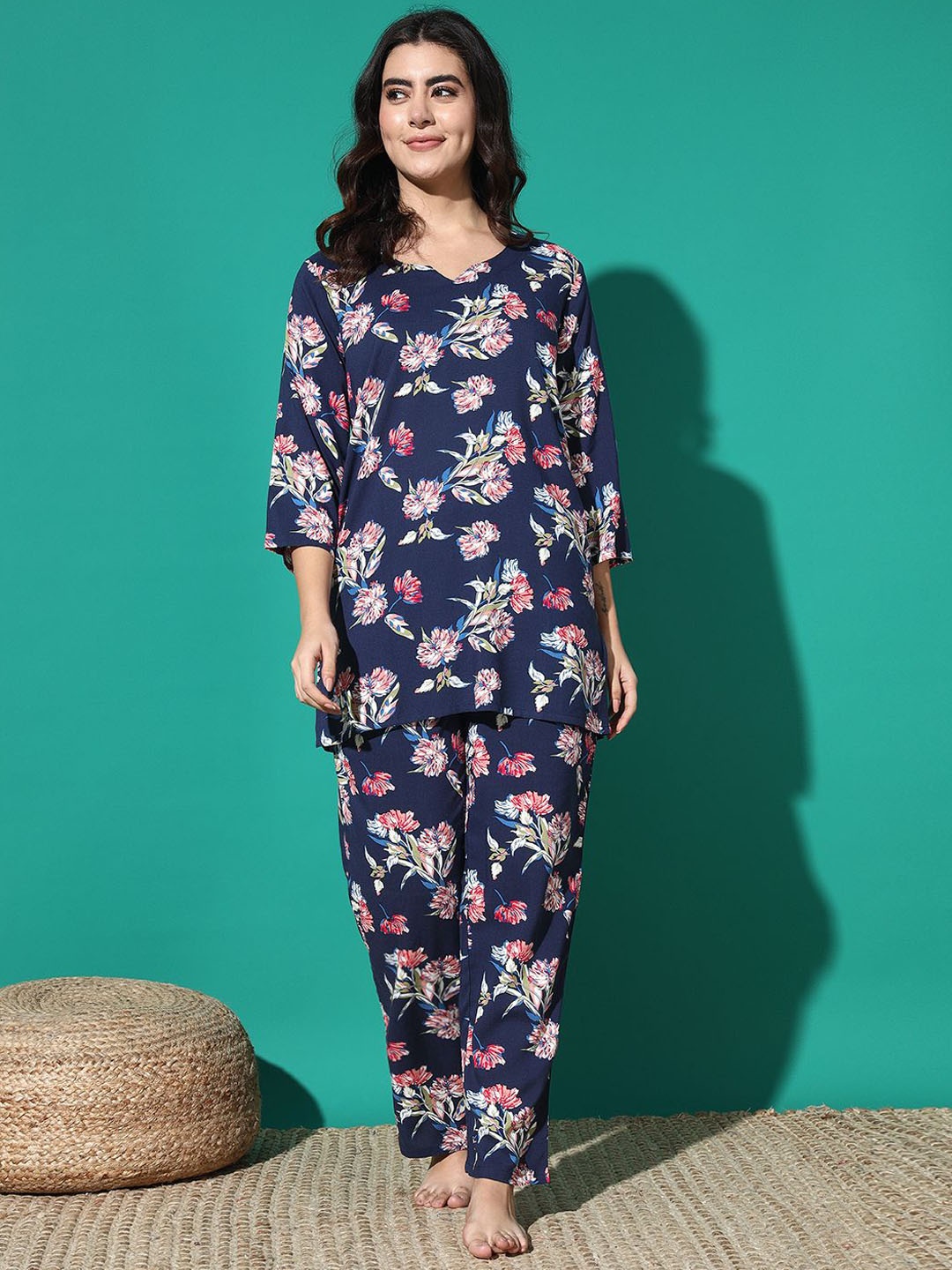 

MBeautiful Women Floral Printed Night suit, Navy blue