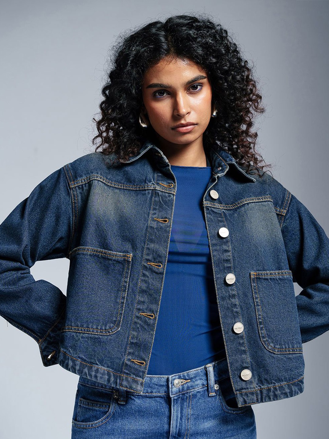 

FREAKINS Women Spread Collar Washed Solid Casual Denim Jacket, Blue