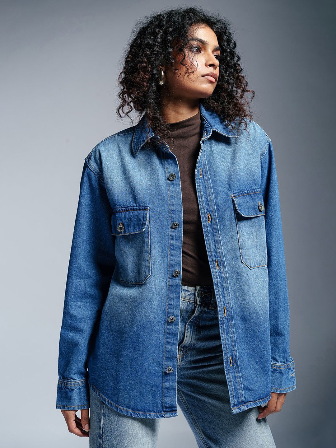 

FREAKINS Women Spread Collar Washed Solid Casual Denim Jacket, Blue