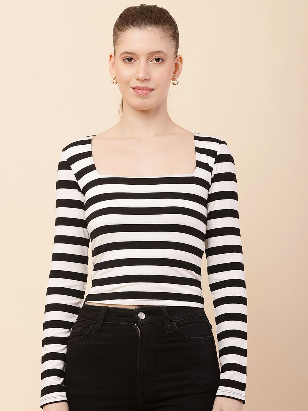 

NoBarr Women Square Neck Striped Top, Black