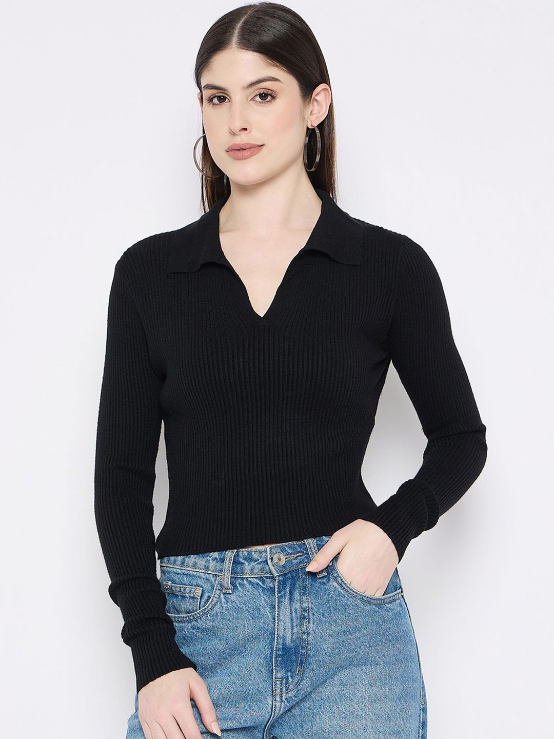 

Camey Women Woollen Ribbed Crop Sweater Vest, Black