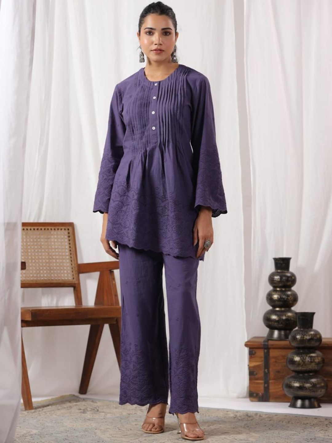 

Self Design Round Neck Long Sleeves Pure Cotton Top With Palazzo, Navy blue