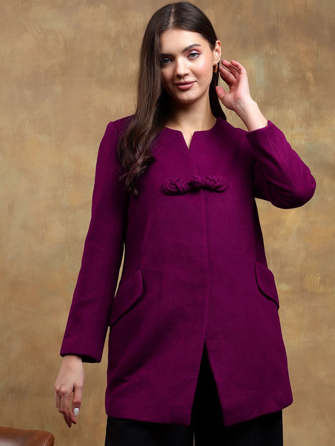 

Stylecast X Kotty Women Round Neck Single-Breasted Overcoat, Purple