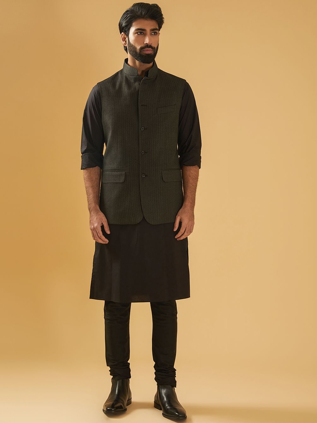

RR Blue Classic Striped Linen Nehru Jacket, Black