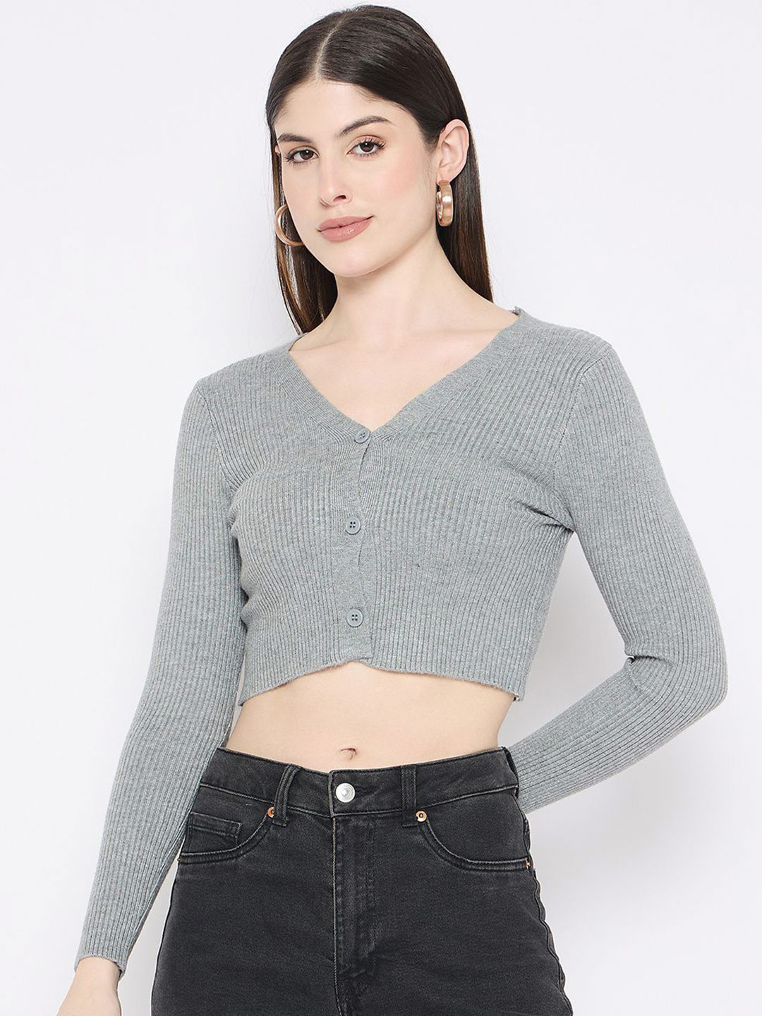 

Camey Women Ribbed Crop Cardigan, Grey