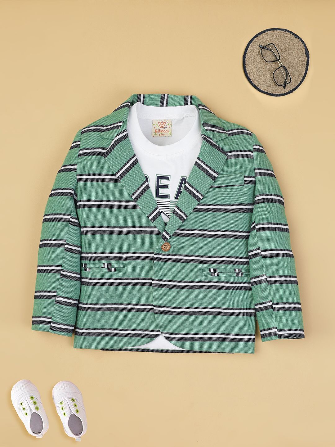 

Ridokidz Boys Striped Notched Lapel Smart-Fit Blazer With T-Shirt, Green