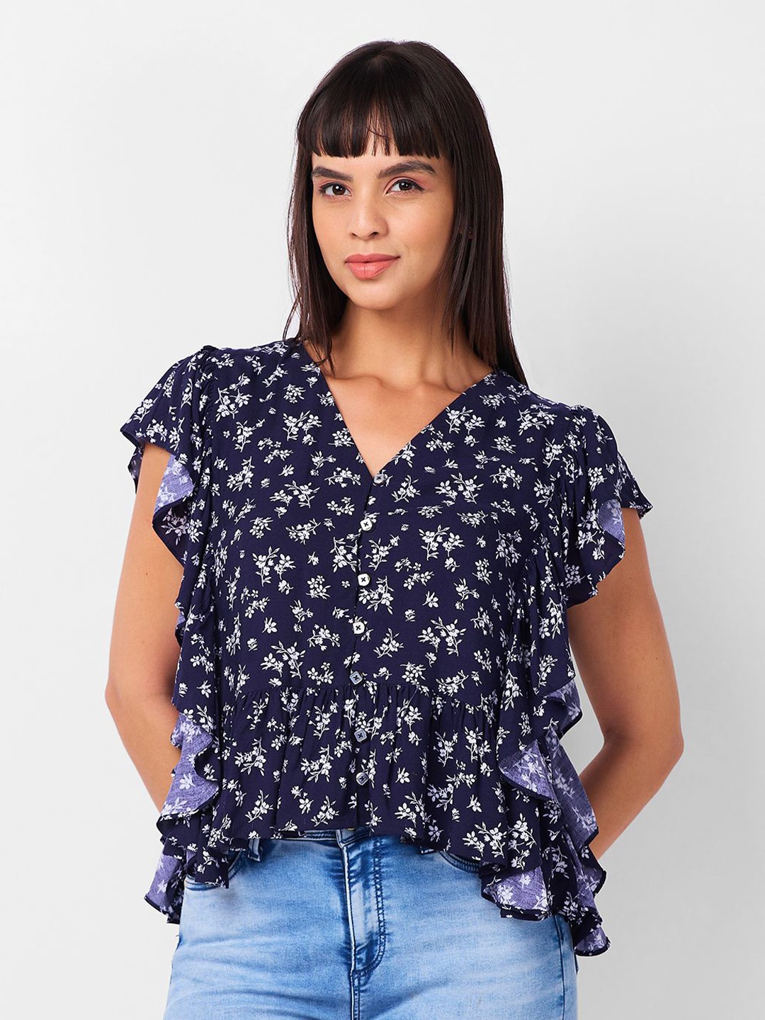 

IZEL Floral Print Flutter Sleeve Ruffles Peplum Top, Blue