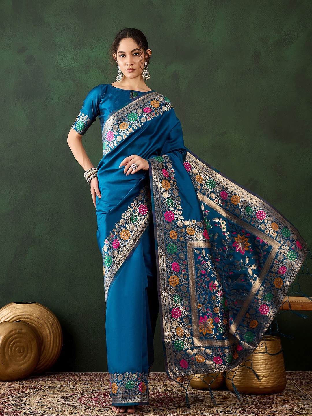 

Kalista Floral Zari Silk Blend Saree, Blue