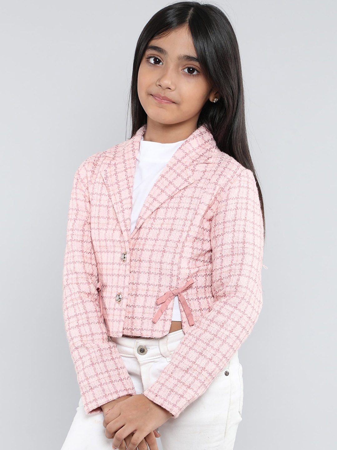 

taffykids Girls Geometric Checked Polyester Crop Tailored Jacket, Pink