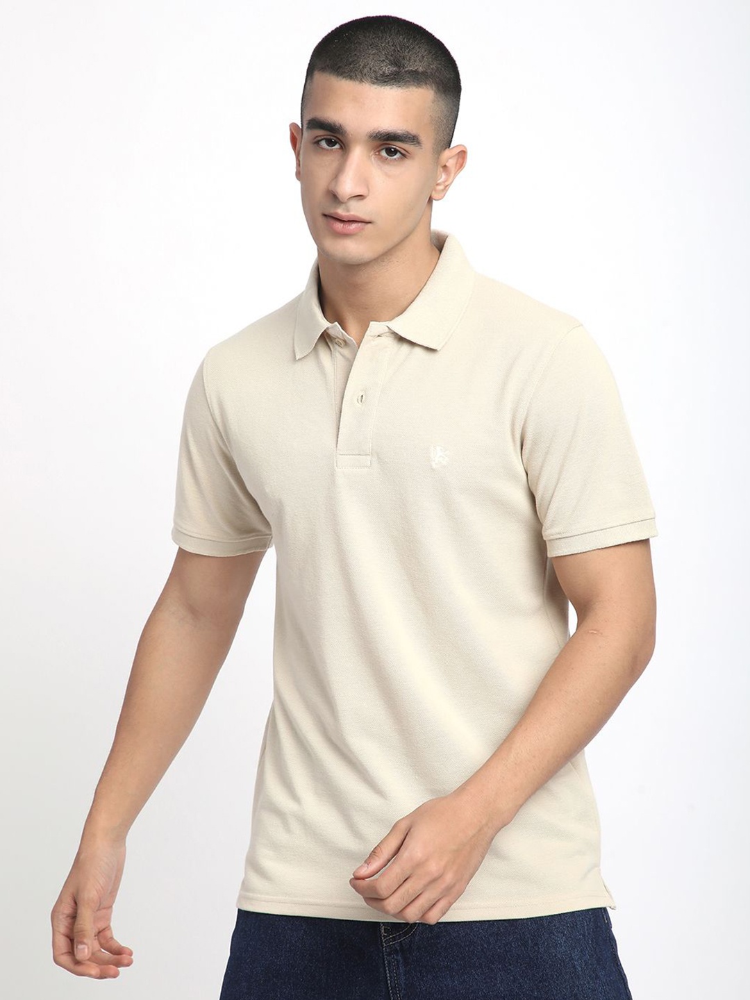 

R&B Men Solid Polo Collar Cotton T-shirt, Beige