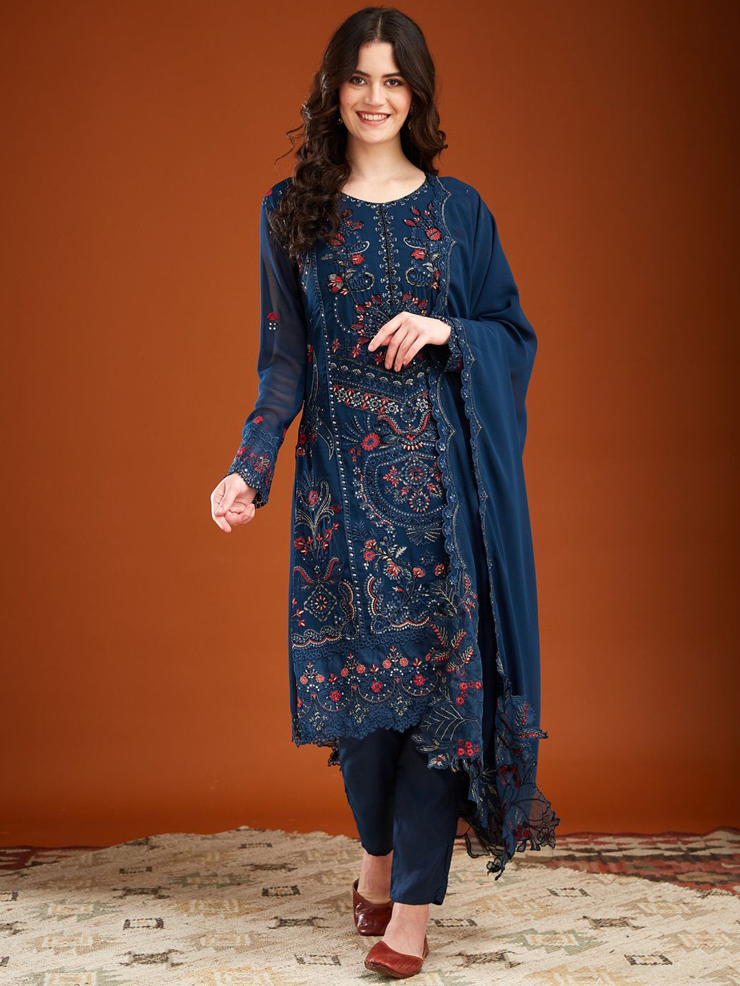 

MAHALASA Women Ethnic Motifs Embroidered Regular Sequinned Kurta with Trousers & With Dupatta, Blue