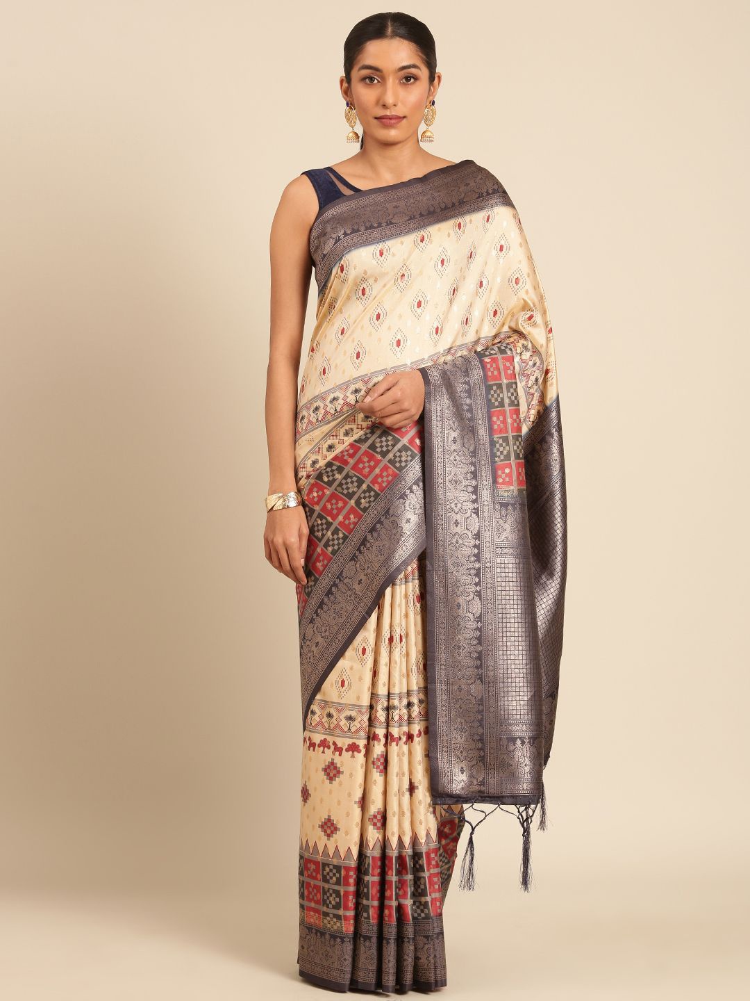 

Panzora Woven Design Zari Silk Blend Saree, Cream