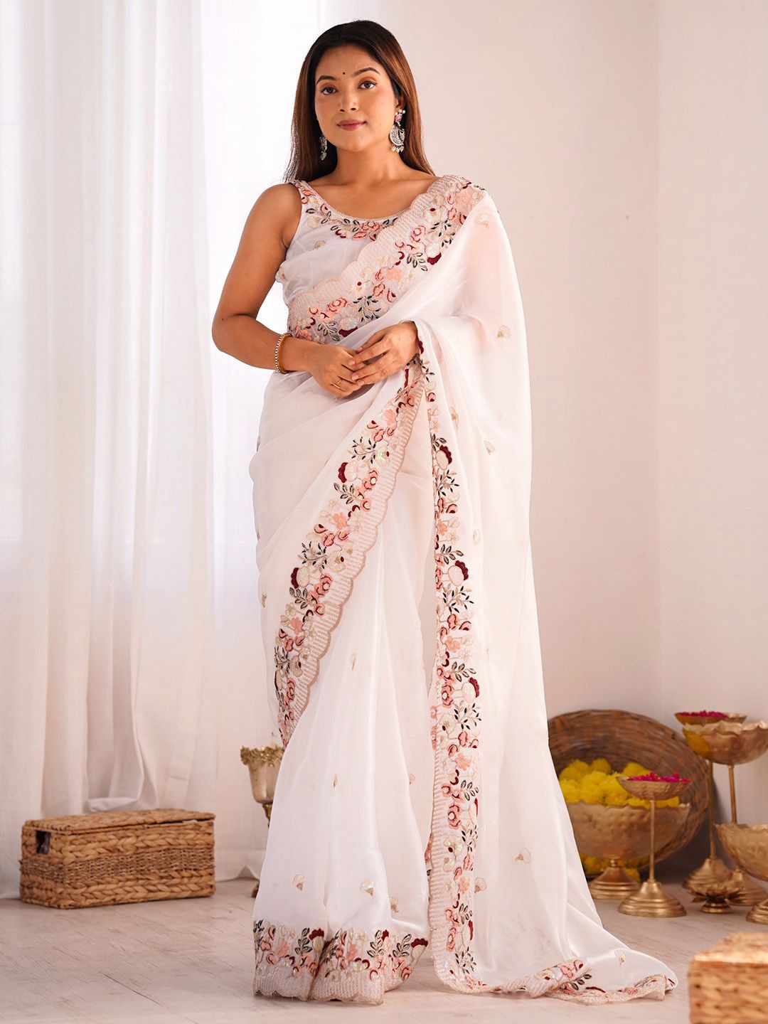 

Anouk Floral Embroidered Sequinned Organza Saree with Matching Blouse, White