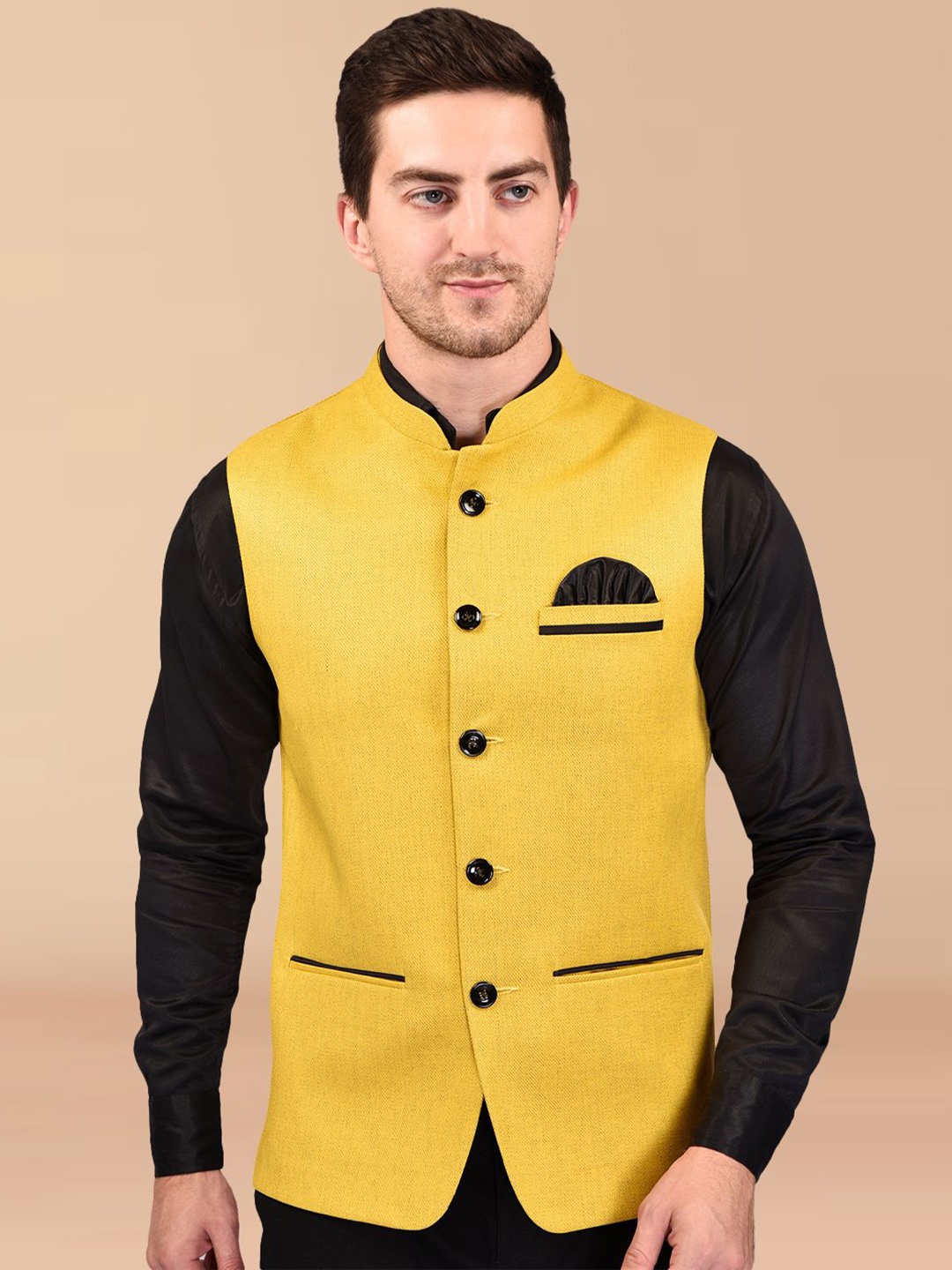 

PRINTINDIA Men Woven Nehru Jacket, Yellow