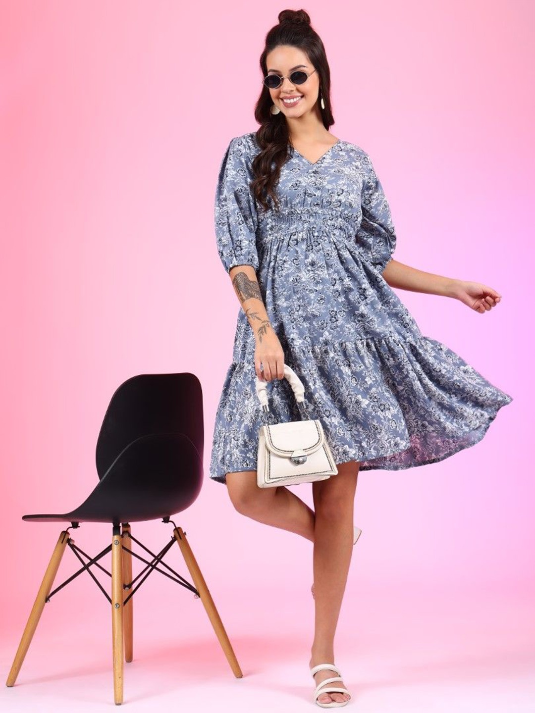 

Femvy Women Floral Printed Fit & Flare Knee Length Dress, Grey
