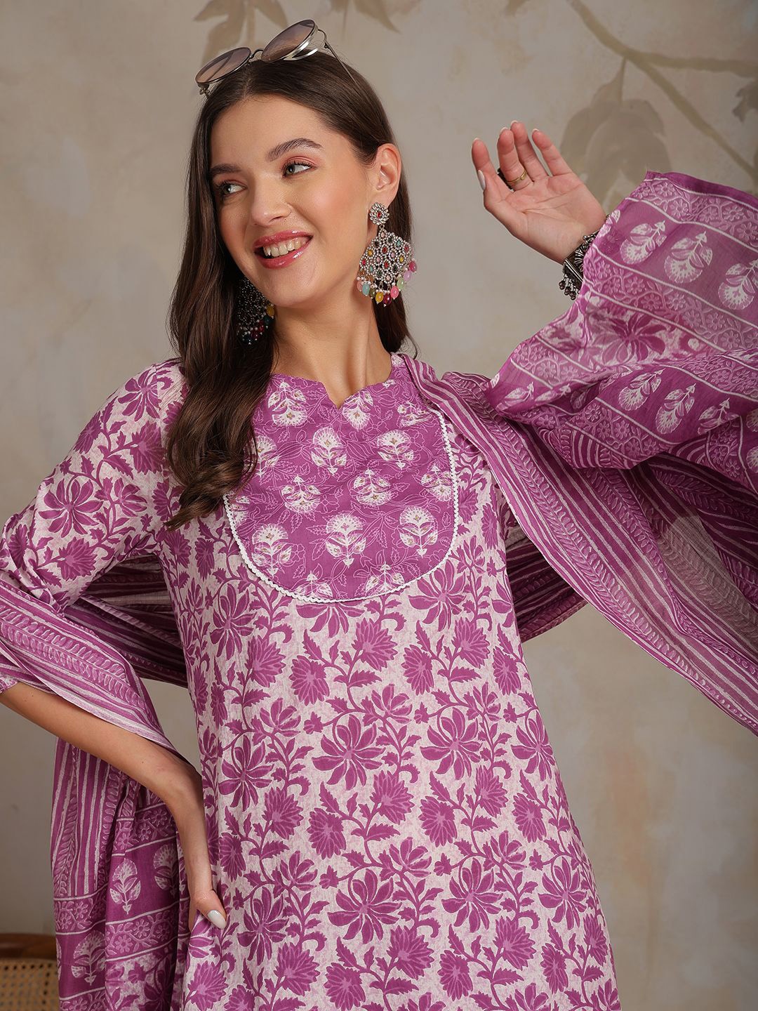

Anouk Purple Floral Printed Pure Cotton Straight Kurta With Trousers & Dupatta