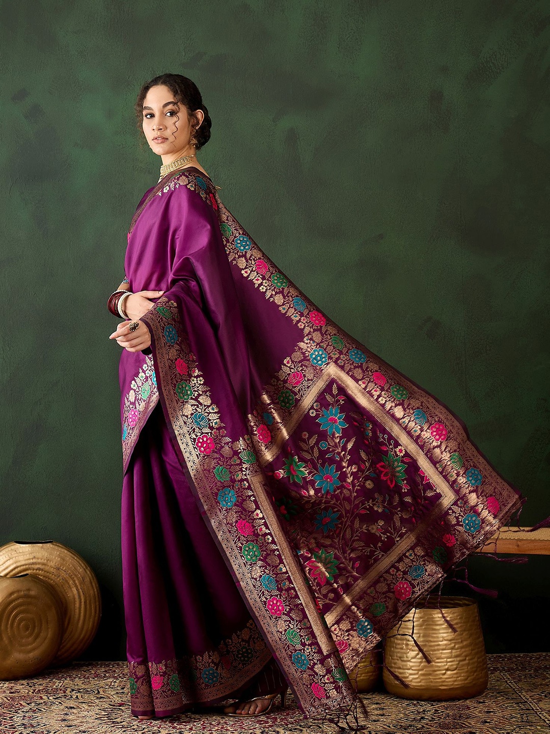 

Kalista Floral Zari Silk Blend Saree, Purple